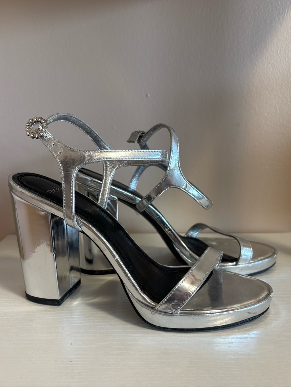 Maje Metallic Silver Block Heel Sandals with Rhinestone Accent